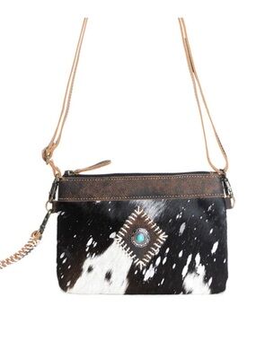 NWT Cowhide Crossbody Bag with Turquoise Accent - Black & White